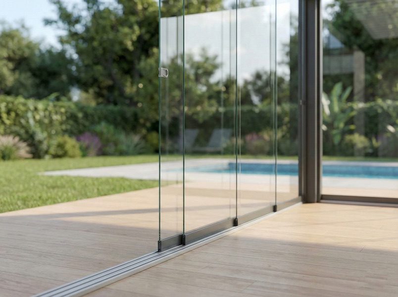 Cortinas de cristal correderas en una pérgola CERCA junto a la piscina