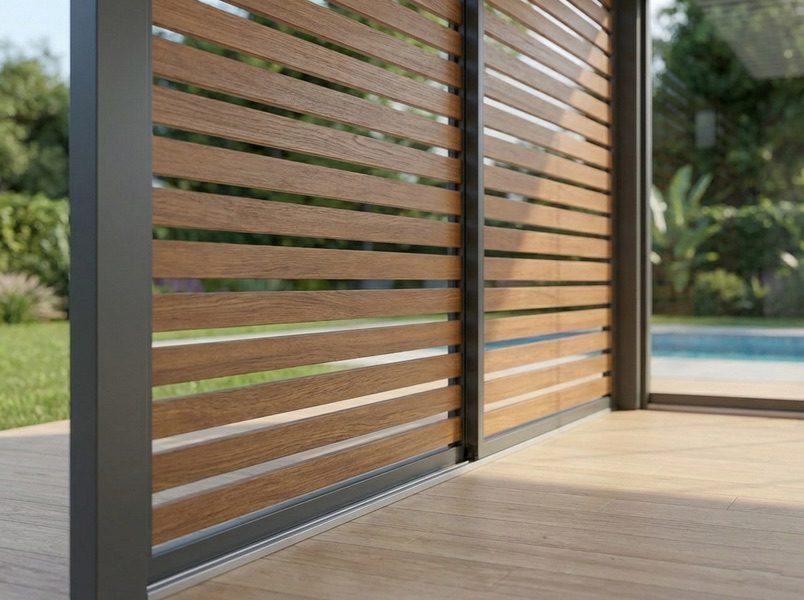 Laterales de lamas efecto madera en una pérgola CERCA